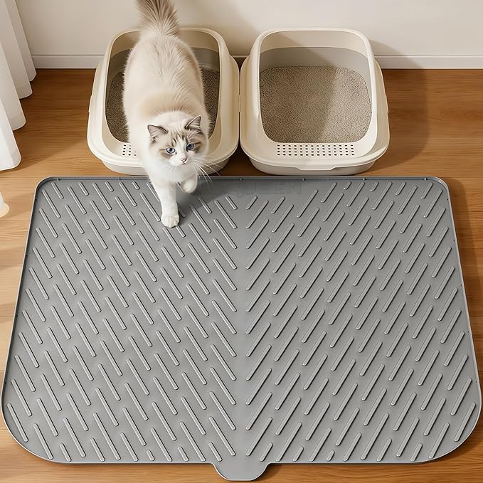 Cat Litter Box Mat, 47" x 37" Extra Large Cat Litter Mat, Silicone Waterproof Litter Trapping Mat for Scatter Control Soft on Kitty Paws Non-Slip Easy to Clean(Grey)