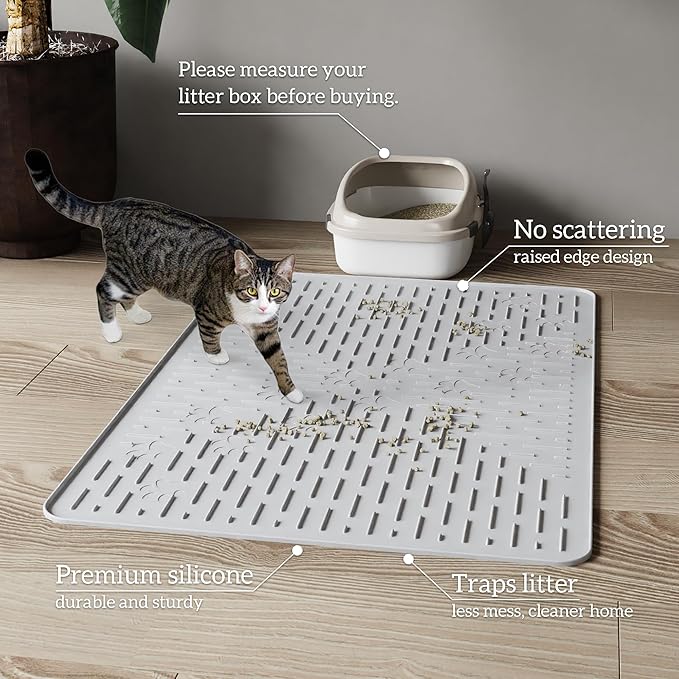 OHMO Cat Litter Mat Trapping Mat Premium Silicone Rubber 23.5x16" Ash, Waterproof and BPA Free Kitty Litter Box Mat, Easy to Clean and Keeps the Floor Tidy