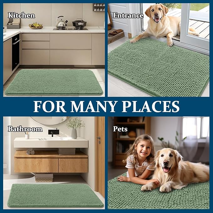 OLANLY Dog Door Mat for Muddy Paws 70x35, Absorbs Moisture and Dirt, Absorbent Non-Slip Washable Doormat, Quick Dry Chenille Mud Mat, Entry Indoor Entryway Carpet for Inside Floor, Olive Green