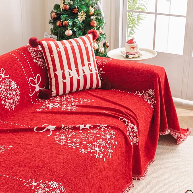 hyha Couch Cover for Dogs, Boho Sofa Covers for 3 Cushion Couch Washable, Chenille Sofa Slipcover for Pets, Soft Loveseat Sectional Couch Throw Blankets with Tassels (Red Snowflakes, 71x134 Inch)