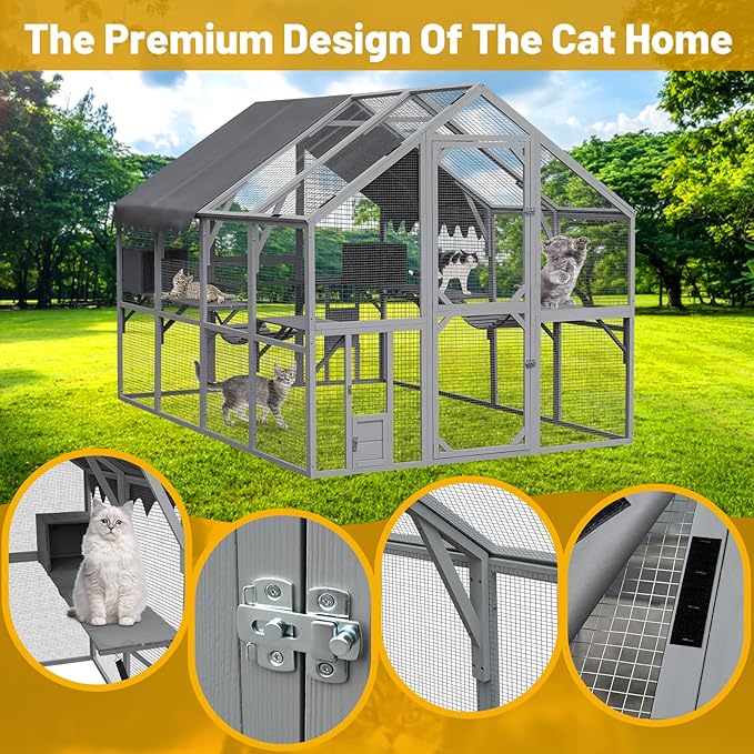 LOVMOR 110" Large Outdoor Wooden Catio, Outdoor Cat House Cat Enclosures, Weatherproof Cover roof, Two Small Sliding Doors, 2 x Bridges, 2 x Sleeping Houses, 7 x Cat Walks