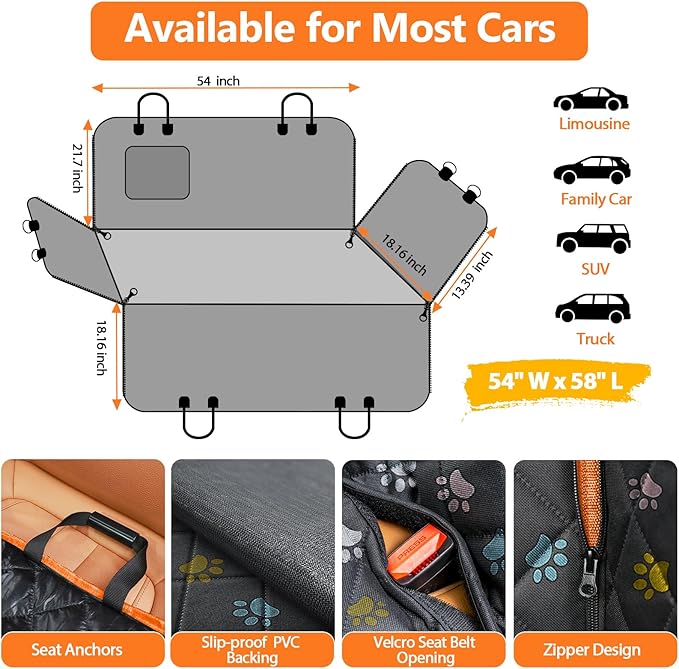 URPOWER Dog Car Seat Cover for Back Seat, Waterproof Dog Hammock for Cars, Trucks and SUVs, 600D Heavy Duty Scratch Proof Nonslip Durable Soft Pet Backseat Protector