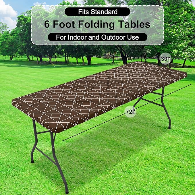 misaya Rectangle Vinyl Tablecloth, 6 Foot Elastic Fitted Table Cover with Flannel Backing, 100% Waterproof Plastic Table Cloth for Picnic, Camping, Outdoor (Coffee and White, 30x72 inch)