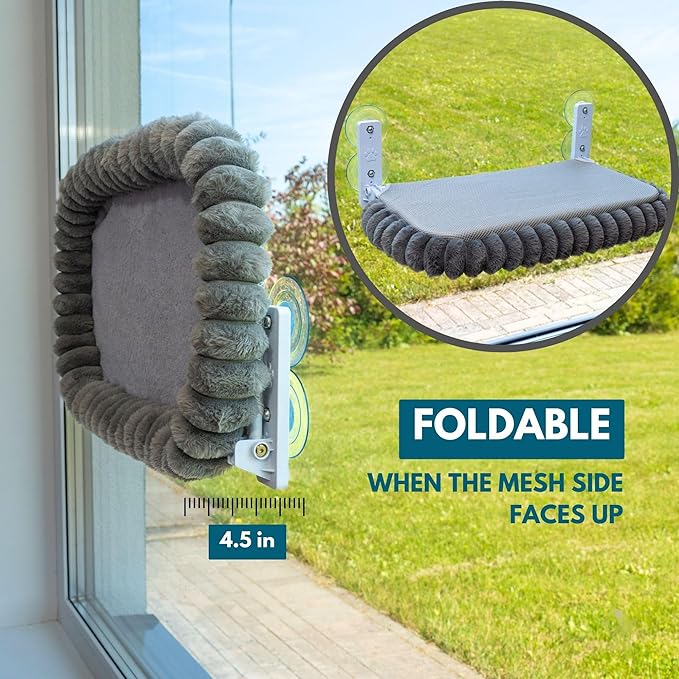 PAWRUSH Cat Window Perch — Premium Cat Window Hammock with 4 Large Suction Cups & Soft Bubble Cushion; Strong Rustproof Metal Frame Window Bed Holding 40lbs; Easy Assembly Perch for Indoor Cats; Gray