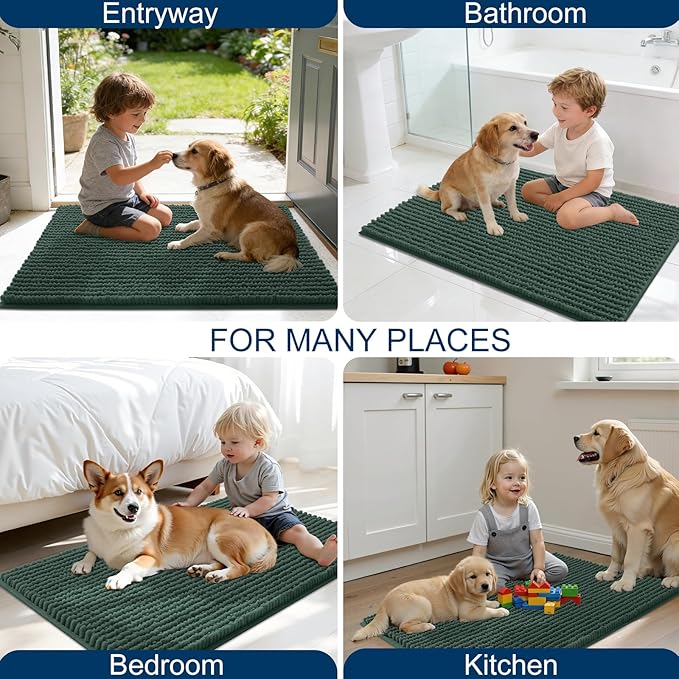OLANLY Dog Door Mat for Muddy Paws 44x24, Ultra Absorbent Chenille Mud Doormat, Non-Slip Washable and Dirt Trapping Doormat for Indoor Entryway, Quick-Dry Indoor Pet Bed Mats for Dogs, Blackish Green