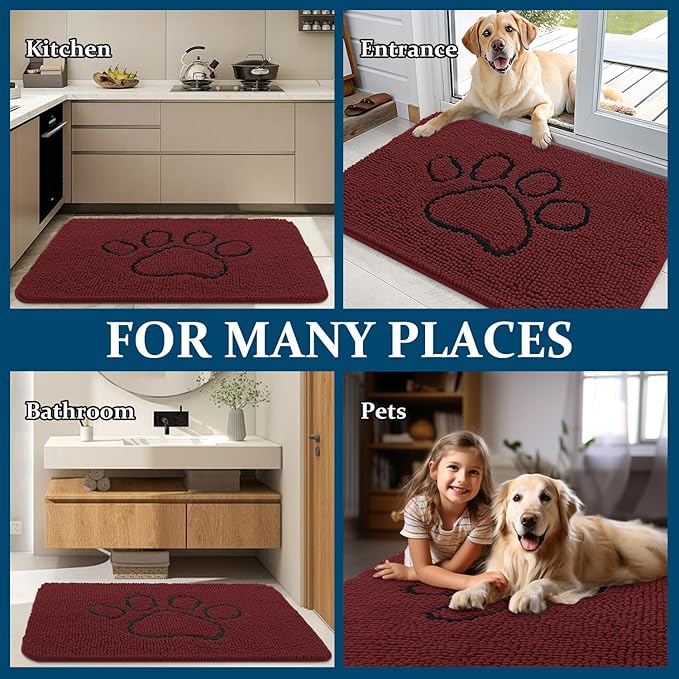 OLANLY Dog Door Mat for Muddy Paws 30x20, Paw Print Design, Absorbs Moisture and Dirt, Absorbent Non-Slip Washable Doormat, Quick Dry Chenille Mud Mat, Entry Indoor Entryway Carpet, Caramel Russet