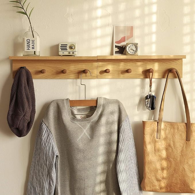 Wall Mount Coat Rack with Shelf, Sturdy Wooden Floating Shelf withHooks Save Your Indoor Space, Wall Organizer siutable for Entryway, Mudroom,Kitchen, Bathroom, etc(Oak Finish)