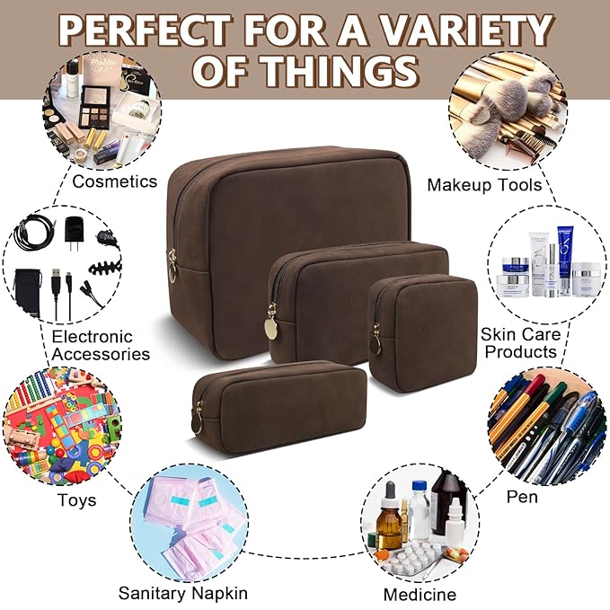 Waterproof Large Makeup Pouch,Suede Women Travel Toiletry Storage Preppy Cosmetic Bag for Girls,Big Makeup Organizer Bag Cute Zipper Pouch for Sport Work Gift(Large-Coffee)
