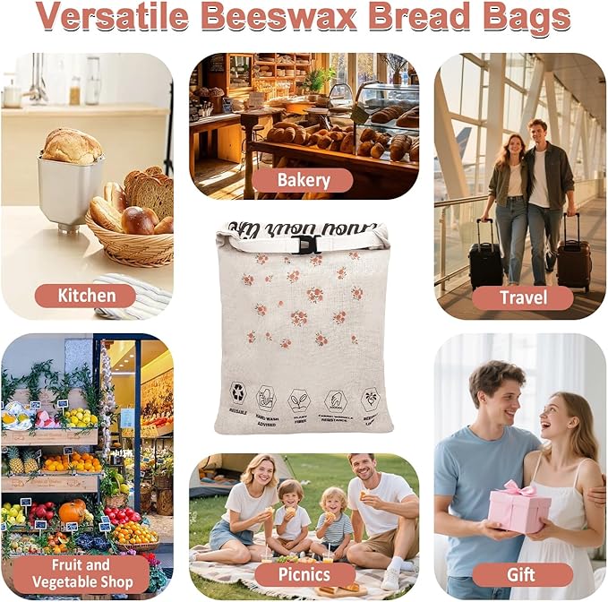 Reusable Beeswax Bread Bags - Large Food Storage for Homemade Loaf & Sourdough - Freezer Safe Eco-Friendly Wraps to Keep Fresh, Paper Bag Alternative, Cloth Box Organizer (13x17in, 2 Pack)