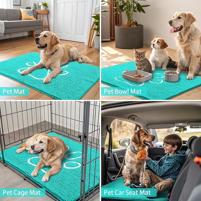 Smiry Dog Door Mat for Muddy Paws, Absorbent Dirt Trapper Non Slip Quick Dry Washable Chenille Mat for Mud Dogs, Entry Rug for Indoor and Outdoor (36x24 Inches, Turquoise and White)