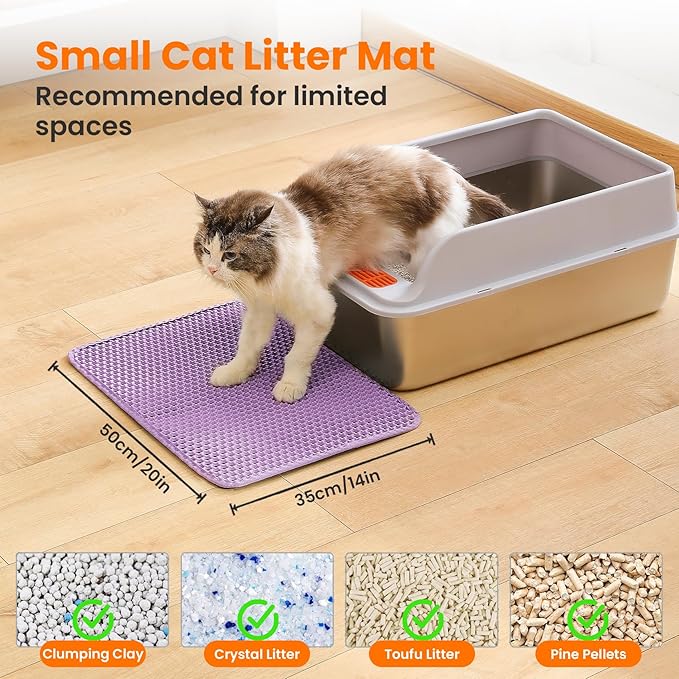 Small Cat Litter Mat, 20x14 Inches Double Layer Honeycomb Cat Litter Trapping Mat, Non Slip Waterproof Urine Proof Litter Box Mat for Floor, Kitty Litter Rug, Pet Supplies, Purple