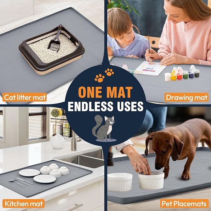Large Cat Mat for Litter Box, 34"x22" Waterproof Silicone Mat with Litter Trapping, Easy Clean & Non-Slip Floor Pad for Indoor Cats, Dark Gray