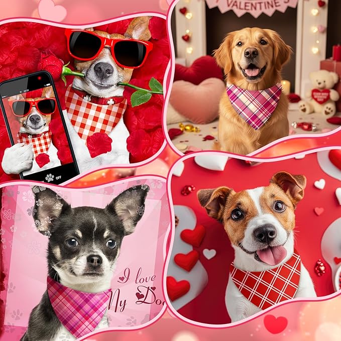Abbylike 100 Pcs Valentines Day Plaid Dog Bandanas Bulk Pink Red Bandanas for Dogs Triangle Kerchief Bibs Scarf for Pet Costume Photo Props Accessories Pet Shops Groomer, 25 Styles(25.6 x 17.7 x 17.7)