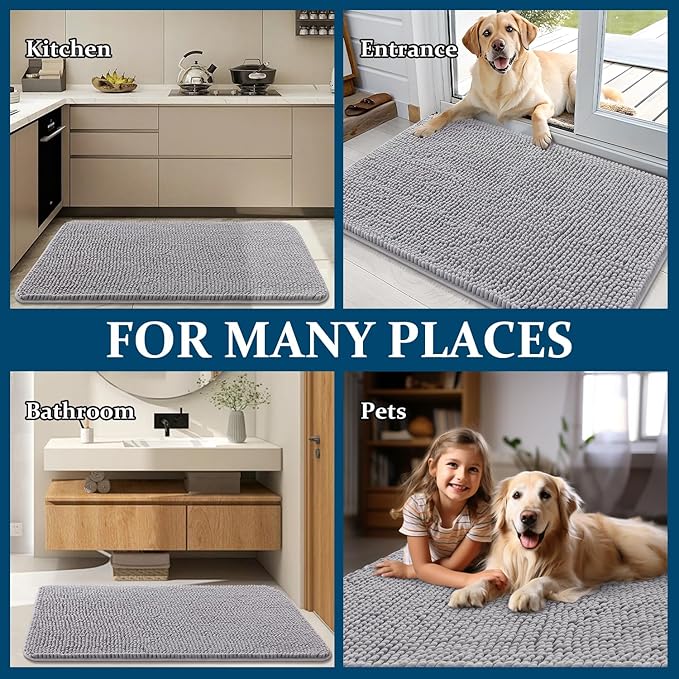 OLANLY Dog Door Mat for Muddy Paws 70x32, Absorbs Moisture and Dirt, Absorbent Non-Slip Washable Doormat, Quick Dry Chenille Mud Mat for Dogs, Entry Indoor Entryway Carpet for Inside Floor, Light Grey