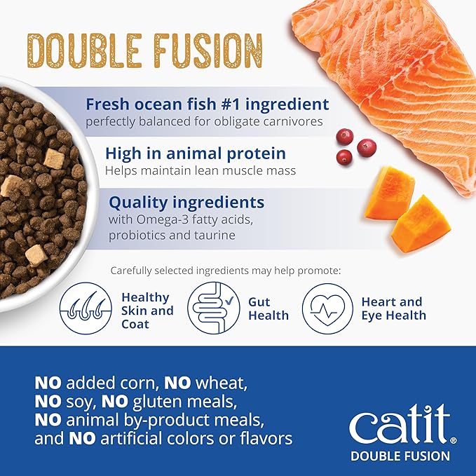 Catit Recipes Double Fusion Skin & Coat Cat Food – Ocean Fish Recipe, High-Protein, Freeze-Dried Raw Toppings, Omega-Rich for Healthy Skin & Fur, No by-Products, Minimally Processed, 4 lb