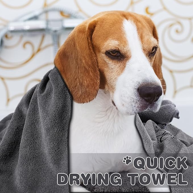 Chumia 4 Pack Dog Towels for Drying Large Microfiber Grooming Tools Absorbent Soft Bath Supplies with Embroidered Paw for Small Medium Pet Products(16 x 32 Inch,Gray)