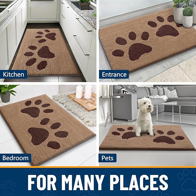 Smiry Dog Door Mat for Muddy Paws, Absorbs Moisture and Dirt, Low-Profile Entryway Mat with Non-Slip Backing, Entry Indoor Outdoor Doormat for Inside Floor (30x20 Inches, Beige, Paw)