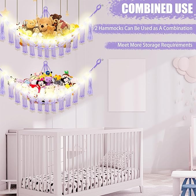 CERETIA Stuffed Animal Hammock with LED Light, Large Stuffed Animals Storage Corner Plushie Net for Kids Room Decor, Jumbo Purple