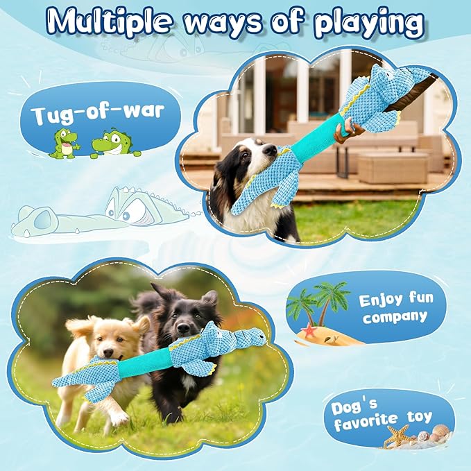 Interactive Tug of War Dog Toys for Small to Large Breeds-Squeaky Plush Puppy Toys with Crinkle Paper, Stuffed Chew Dog Toys to Keep Them Busy, Training Reward Gift (Blue)