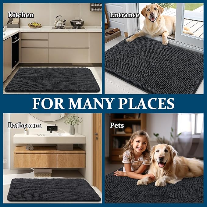 OLANLY Dog Door Mat for Muddy Paws 40x32, Absorbs Moisture and Dirt, Absorbent Non-Slip Washable Doormat, Quick Dry Chenille Mud Mat for Dogs, Entry Indoor Entryway Carpet for Inside Floor, Dark Grey