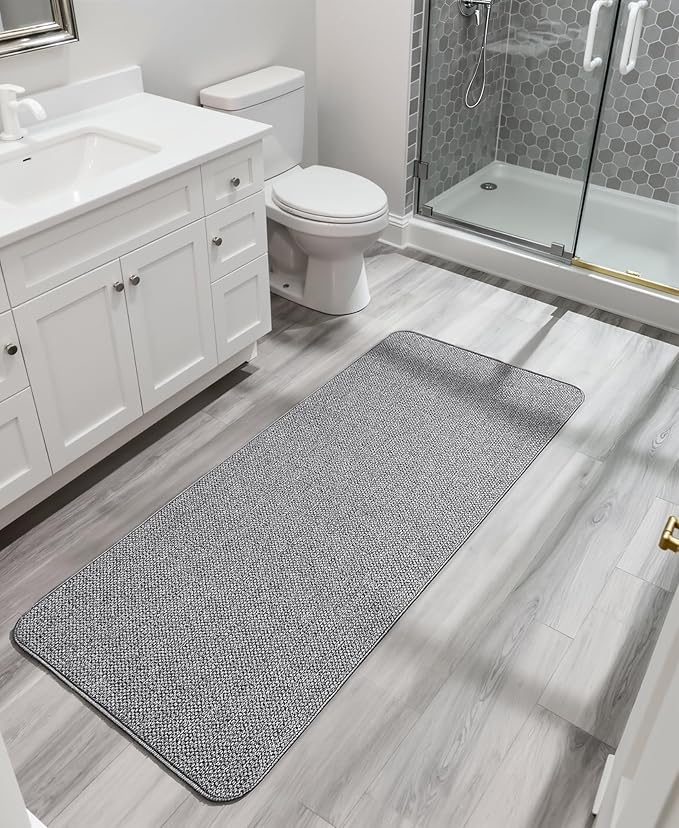 Bath Mat,Ultra Thin Bathroom Runner Rugs,Large Bath Mats for Bathroom,Quick Dry,Non-Slip,Machine Washable,Low Pile,Bath Rug,Shower Outside,Sink,Home Decor Accessories.Grey,1'5"x4'11"(17x59inch)
