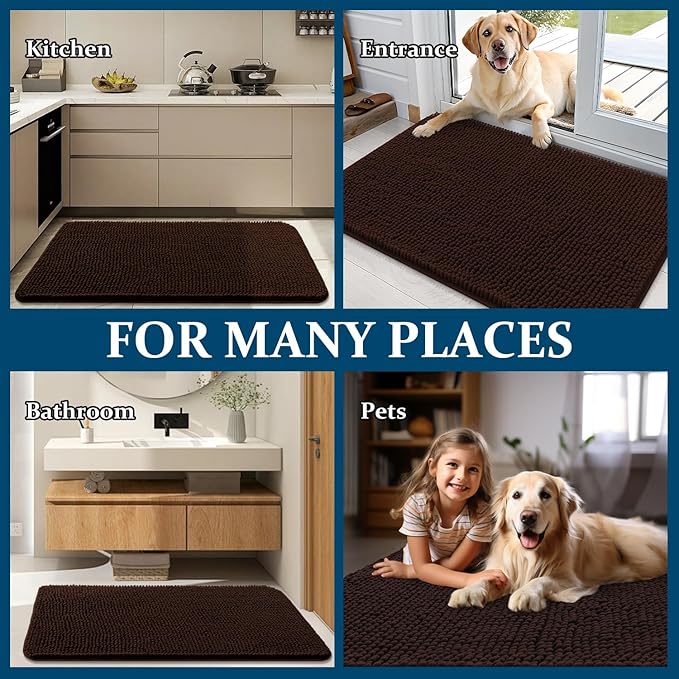 OLANLY Dog Door Mat for Muddy Paws 59x24, Absorbs Moisture and Dirt, Absorbent Non-Slip Washable Doormat, Quick Dry Chenille Mud Mat for Dogs, Entry Indoor Entryway Carpet for Inside Floor, Brown