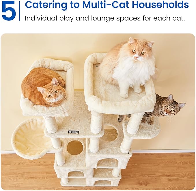 MWPO Large Cat Tree for Indoor Cats, 63-inch Cat Tower with 3 Cat Condos, Scratching Posts, Padded Perches, Hammock, Dangling Toys, Beige