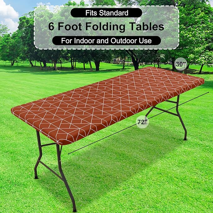 misaya Rectangle Vinyl Tablecloth, 6 Foot Elastic Fitted Table Cover with Flannel Backing, 100% Waterproof Plastic Table Cloth for Picnic, Camping, Outdoor (Rust, 30x72 inch)