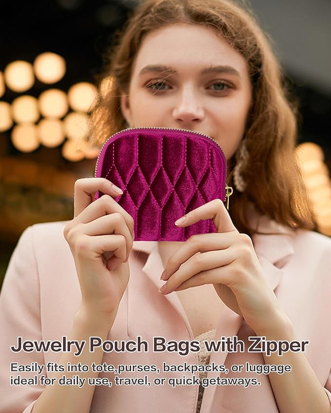 Small Travel Jewelry Case, Mini Travel Jewelry Bag with Zipper, 5-Layer Velvet Organizer Pouch for Bracelet Rings Earrings - Diamond Stitched Velvet Moss Green