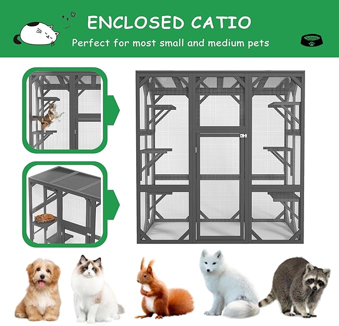 LOVMOR 60" Outdoor Catio with Six Platforms, Outdoor Cat Enclosure with Large Enter Door, Waterproof Roof, Safety Galvanized Steel Wire Mesh, Easy Installation