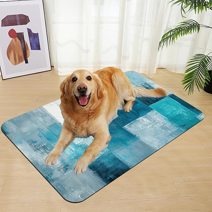 Blue Teal Dog Cat Food Mat–Absorbent Waterproof Placemat for Food and Water Bowls, Non Slip Rubber Backing, Feeding Mat for Clean Floors 16"x24"