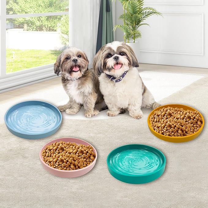 Silicone Dog Bowl Shallow Cat Food Bowls 7" Wide Puppy Plates Whisker Fatigue Pet Feeding Dishes Set of 2 for Dry and Wet Food Indoor (Round Green)