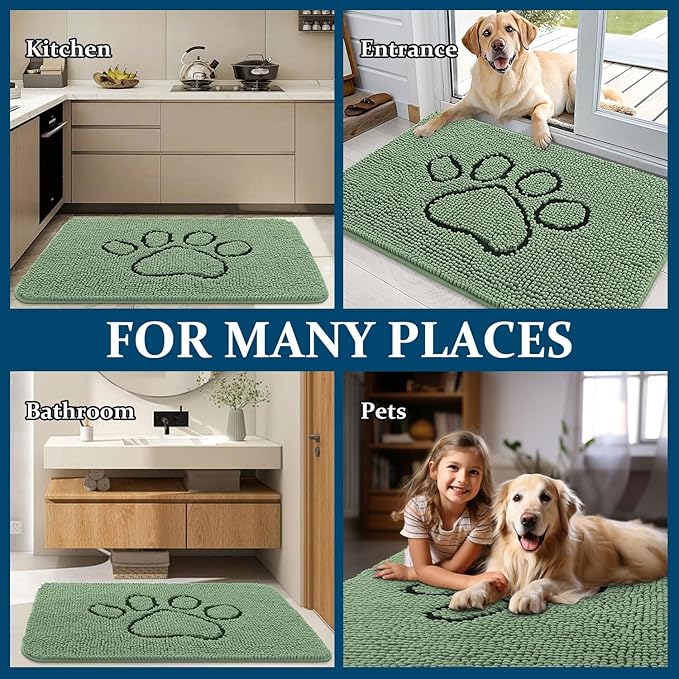 OLANLY Dog Door Mat for Muddy Paws 48x30, Paw Print Design, Absorbs Moisture and Dirt, Absorbent Non-Slip Washable Doormat, Quick Dry Chenille Mud Mat, Entry Indoor Entryway Carpet, Olive Green