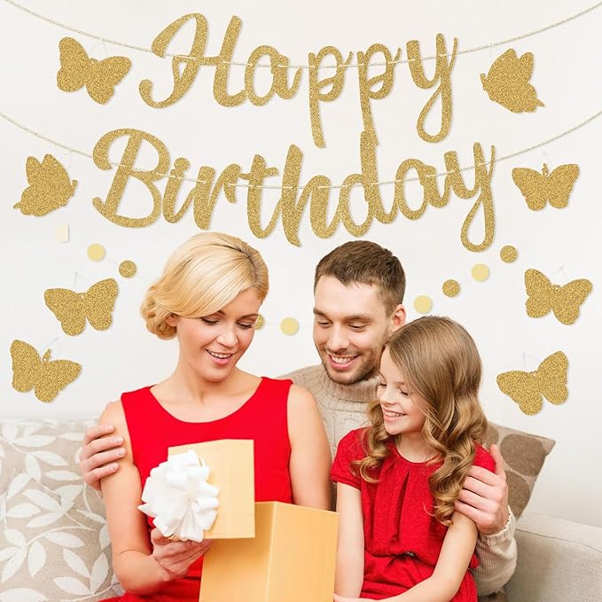 Pre-Strung Happy Birthday Banner, Gold Birthday Decorations with Butterflies and Circle Dot Garland, NO DIY Butterfly Party Decorations for Women Girls