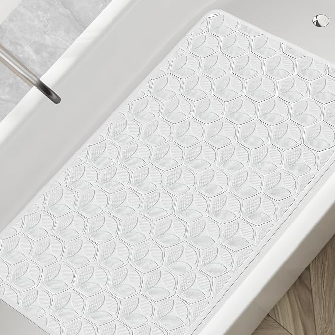 WRISIN Bathtub Mat Non Slip with Suction Cups - 100% Rubber Bathroom Mat Textured for Bath Tub Shower Safety - Soft on Touch - BPA/PVC Free - Pet Dog Bath Mat - Machine Washable - 16 × 28 Inch(White)