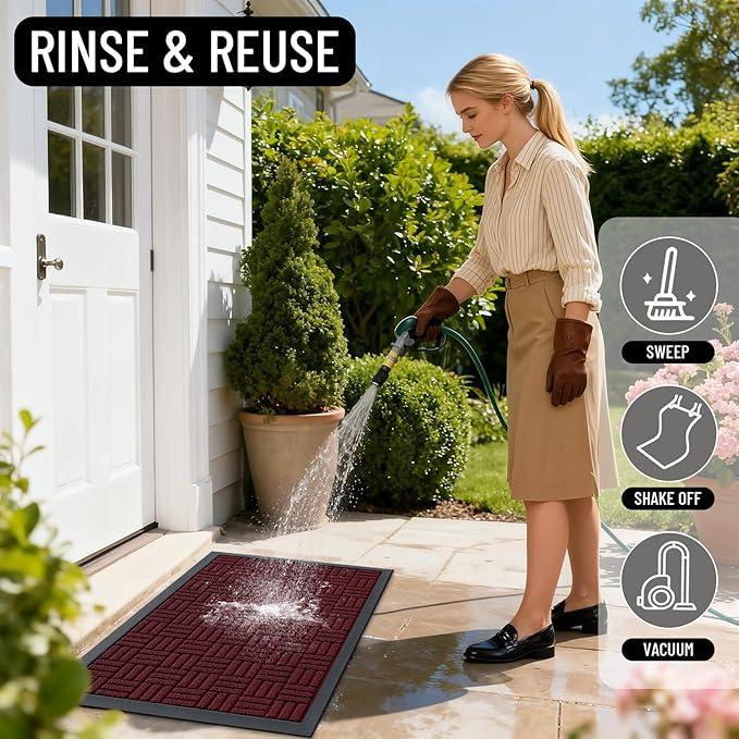 OLANLY Front Door Mat Outside Entrance 33x21, Absorbent, Heavy Duty Sturdy Natural Rubber Doormat Indoor Outdoor, Non-Slip, Stain and Fade Resistant, Low Profile Floor Mat for Entryway, Burgundy