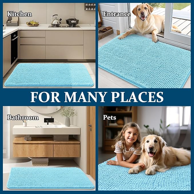 OLANLY Dog Door Mat for Muddy Paws 30x17, Absorbs Moisture and Dirt, Absorbent Non-Slip Washable Doormat, Quick Dry Chenille Mud Mat for Dogs, Entry Indoor Entryway Carpet for Inside Floor, Blue