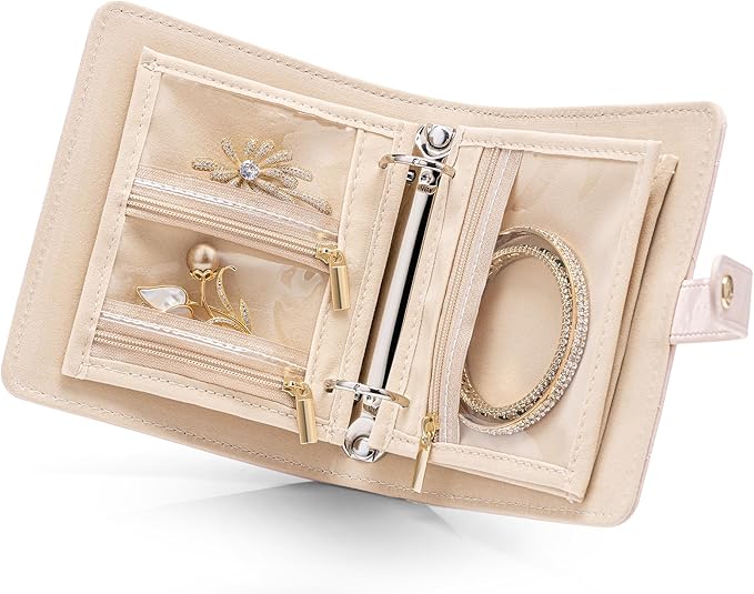 Vlando Small Jewelry Book Organizer - Leather Travel Jewelry Case with 5 Detachable Pages for Necklaces, Rings, Earrings, Tangle-Free, Giftable,Barely Pink