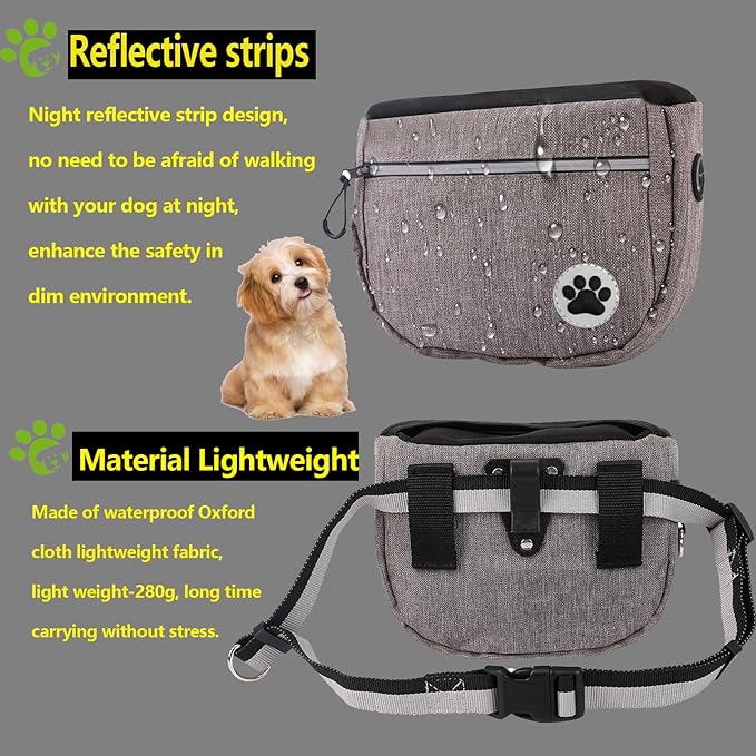 Large 6 Cup Dog Treat Pouch with Clicker,Treat Pouches for Pet Training,Crossover Self-Closing Bag,Built-in Poop Bag Dispenser, 46“ Free hands Waist Belt for Walks/oxford Fabric/double pocket(Grey)