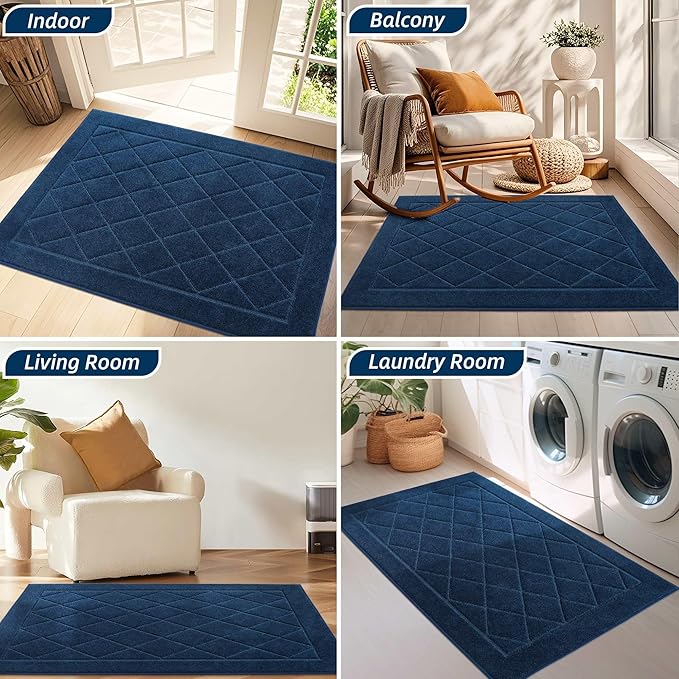 BEQHAUSE Dirt Trapper Door Mat 24" x 36", Doormat Non-Slip Entryway Rugs Washable, Dog Door Mat Stain Resistant and Absorbent Welcome Floor Mat for Front Back Door, Mud Wet Shoes & Paws, Navy Blue