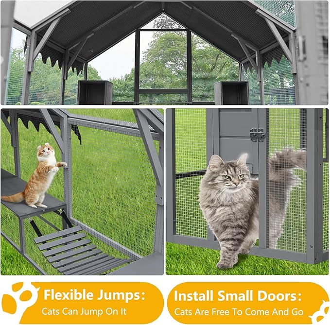 LOVMOR 110" Large Outdoor Wooden Catio, Outdoor Cat House Cat Enclosures, Weatherproof Cover roof, Two Small Sliding Doors, 2 x Bridges, 2 x Sleeping Houses, 7 x Cat Walks