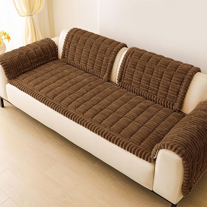 hyha Couch Covers for Dogs Washable, Non Slip Plush Dog Sofa Protectors, Fuzzy Pet Couch Covers for 3 Cushion Sofa Pet Friendly (Brown, 27.6" x 59")