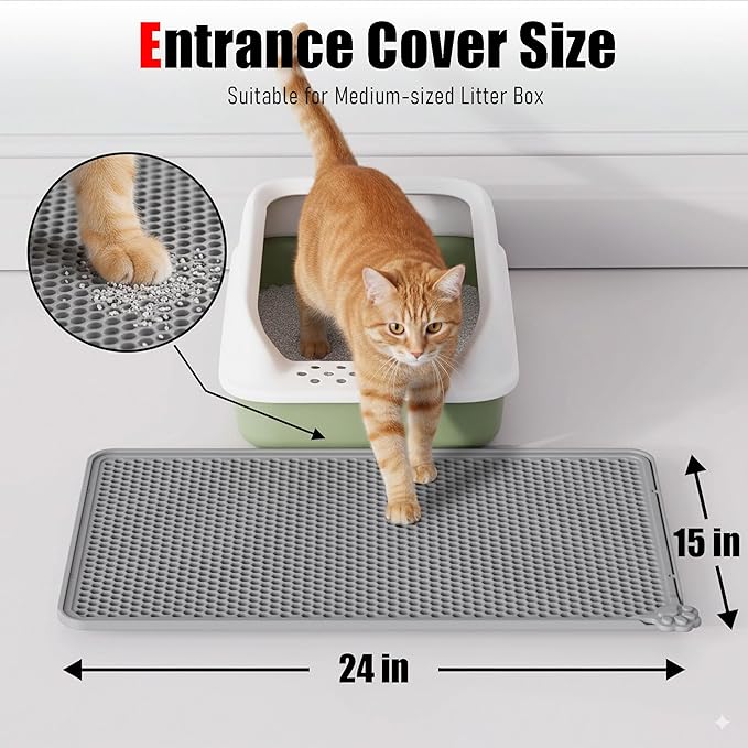 Silicone Litter Box Mat 24"x15" (Keep Floor Clean)(Easy Clean)(Anti-Crease)(Built to Last)(Non-Slip)(Double Layer Detachable)(Soft on Paws)(Claw-Proof)