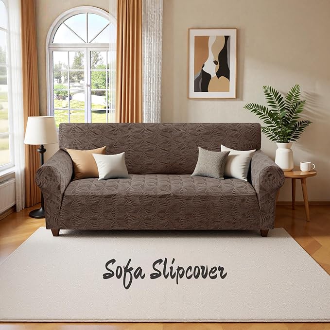 YEMYHOM 1 Piece Stretch Couch Covers for 2 Cushion Couch, Jacquard Loveseat Cover with Non-Slip Elastic Bottom, Thickened Slipcover Furniture Protector for Dogs Pets (Medium, Brown)