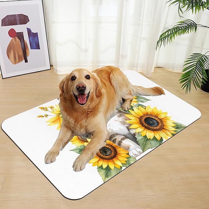 Cute Cat Sunflower Pet Feeding Mat for Floors–Christmas Stocking Absorbent Quick Dry Dog Cat Bowl Mat for Food and Water, Non Slip Waterproof Base, Mess-Free Feeding Accessories 12"x20"