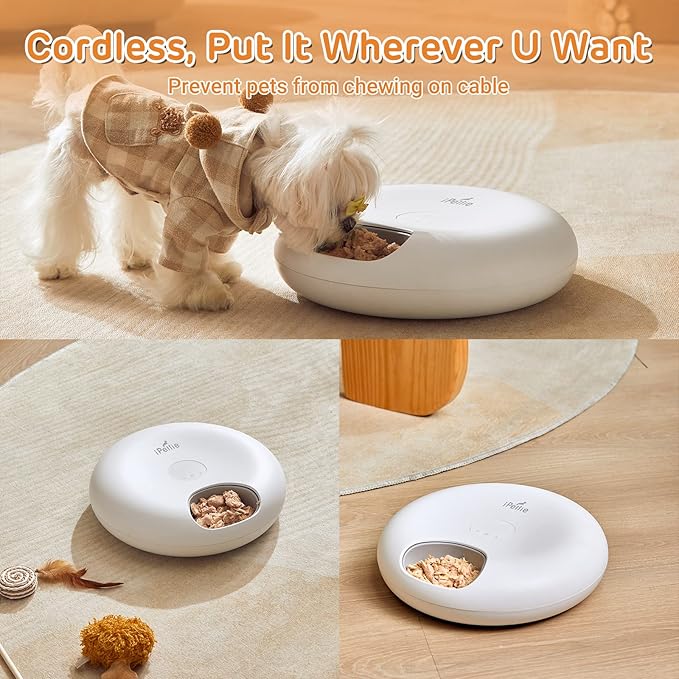 iPettie Donut Frost 6 Meal Cordless Automatic Pet Feeder, Dry & Wet Food Automatic Cat Feeder with Two Ice Packs, Rechargeable Massive Battery, Programmable Timer, Holds 6 x ½ lb. of Food