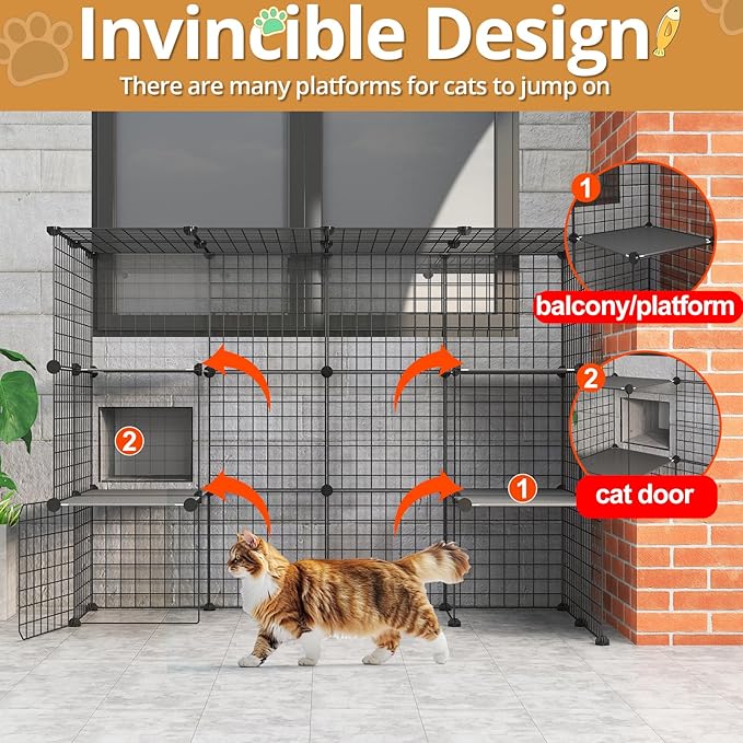 Oneluck Outdoor Cat House Catio Enclosure with Super Large Enter Door, 55L x 28W x41H Balcony Playpen with Platforms,DIY Kennels Crate Large Exercise Place Ideal for 1-2 Cats