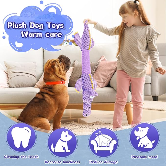 Interactive Tug of War Dog Toys for Small to Large Breeds-Squeaky Plush Puppy Toys with Crinkle Paper, Stuffed Chew Dog Toys to Keep Them Busy, Training Reward Gift (Purple)