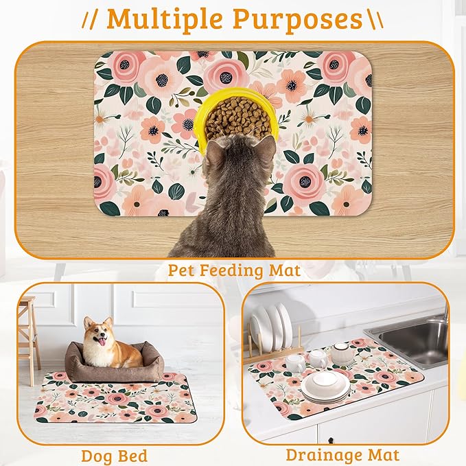 Dog Bowl Mat,Blooming Flowers Pet Feeding Mat for Floors Waterproof,Peonies Roses Absorbent Dogs Placemat for Food and Water Quick Dry Pet Cat Feeding Mats with Non Slip Bottom 16" x 24"