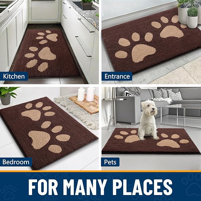 Smiry Dog Door Mat for Muddy Paws, Absorbs Moisture and Dirt, Low-Profile Entryway Mat with Non-Slip Backing, Entry Indoor Outdoor Doormat for Inside Floor (30x20 Inches, Brown, Paw)
